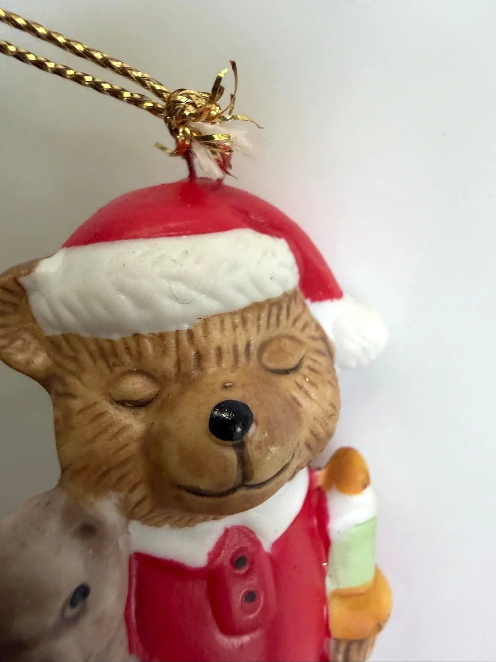 Vintage 1997 CVS Teddy Bear Ceramic Christmas Ornament holding baby and Candle